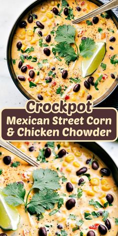 mexican street corn and chicken chowder with cilantro garnish in a skillet