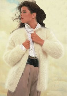 a painting of a woman wearing a white jacket and brown pants with her hair blowing in the wind