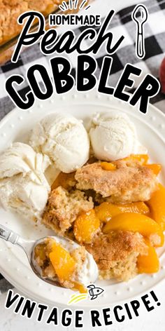 peach cobbler vintage recipe on a white plate with a serving spoon and black and white checkered tablecloth