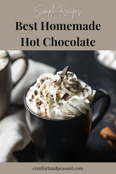 the best homemade hot chocolate recipe in a mug with whipped cream and cinnamon on top