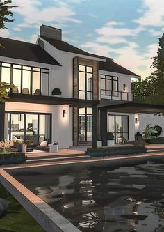 an artist's rendering of a modern house with large windows and lots of water