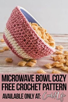 a crochet bowl cozy with text overlay that says microwave bowl cozy free crochet pattern available only at costcoffe