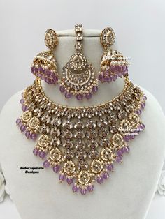 Premium quality Kundan Necklace comes with Jhumki Earrings and Tikka/ Indian Jewelry/Premium Quality Polki and Kundan Jewelry/lavender/lilac/light purple  All items are shipped from Brampton, Ontario, Canada. If you need your item by a certain day, please reach out to us for express delivery option before placing the order so that we can update the shipping for you. Standard shipping/delivery timeline Below are the delivery timeline estimates. We dispatch all orders by the next business day. ---> USA delivery timeline * 3-5 business days to major urban centers in USA. It may take 1-2 days extra to remote locations ---> Canada delivery timeline  * 2-3 business days - GTA  & Montreal  * 2-4  business days - Rest of Ontario/Quebec * 2-6 business days-  Rest of Canada    ---> Europe/Middle Eas Luxury Multicolor Jewelry For Puja, Luxury Multicolor Chandbali Bridal Necklace, Luxury Multicolor Jewelry For Diwali, Jewellery With Lavender Lehenga, Lavender Lehenga Jewellery, Lavender Jewelry Indian, Luxury Multicolor Jewelry Sets For Diwali, Purple Necklace Indian, Lavender Indian Jewelry