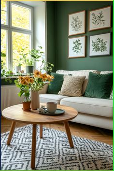 a living room filled with furniture and flowers on top of a table in front of a window