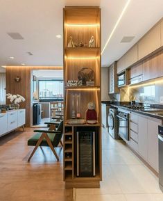 the kitchen is clean and ready to be used as a dining room or living room