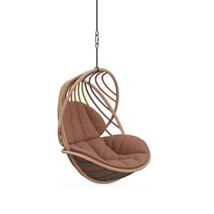 a hanging chair that is made out of wood and has a brown cushion on it