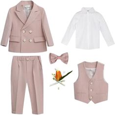 Charming Design: Features a classic double-breasted blazer in a soft pink hue with matching pants, a white shirt, and a coordinating pink bow tie. High-Quality Materials: Made from durable and comfortable fabrics. Elegant Details: Includes sophisticated buttons and front pockets on the blazer. Comfortable Fit: Ensures all-day comfort for your little gentleman. Perfect for Formal Events: Ideal for weddings, special occasions, and family gatherings. Available Sizes: Offered in various sizes to fit Suit With Bow Tie, Bow Tie Suit, Boys Formal, Formal Design, Pink Bow Tie, Formal Suits, Matching Pants, Breasted Blazer, Double Breasted Blazer