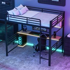 a loft bed is lit up with neon lights in the corner, and sits next to a computer desk