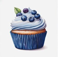 a cupcake with white frosting and blueberries on top is shown in this painting