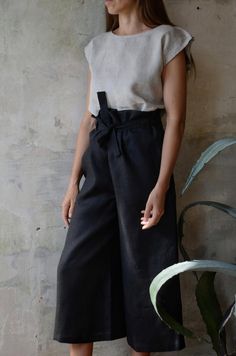 Linen PantsLinen Bell-bottomed TrousersWomen's | Etsy Black Linen Bottoms For Summer, Black Linen Summer Bottoms, Black Cotton Casual Culottes, Casual Black Cotton Culottes, Black Summer Culottes With Pockets, Black Linen Wide Leg Pants For Summer, Black Linen Wide Leg Ankle-length Pants, Black Linen Wide Leg Pants With Elastic Waistband, Black Linen Ankle-length Wide Leg Pants