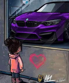 a person standing in front of a purple car with a heart drawn on the side