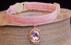 a pink collar with an oval shaped stone on it's side and a gold buckle around the collar