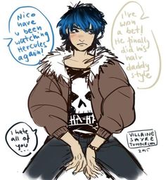 a drawing of a person with blue hair and a skull on his shirt, sitting down