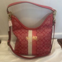 For The Pink Lovers! This Gorgeous And Practical Coach Signature Bag Is Nwt And Comes With A Long Crossbody Strap. Elevate Your Style With This Stunning Coach 13193 Heritage Stripe Signature Convertible Magenta Canvas Hobo Bag. This Bag Is Perfect For Women Who Want To Add A Touch Of Sophistication To Their Wardrobe. The Bag Features A Striped Pattern With A Magenta Hue, Which Makes It Stand Out From The Rest. The Exterior Material Is Made From Quality Leather, Which Ensures Durability And Longe Designer Pink Shoulder Bag For Travel, Luxury Pink Top Handle Hobo Bag, Pink Shoulder Bag With Detachable Strap For Travel, Designer Pink Shoulder Bag For On-the-go, Pink Rectangular Hobo Bag For Shopping, Pink Tote Hobo Bag For Errands, Luxury Pink Hobo Bag For Daily Use, Pink Luxury Hobo Bag, Pink Top Handle Shoulder Bag