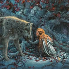 a painting of a woman sitting next to a wolf in the woods with leaves all around her