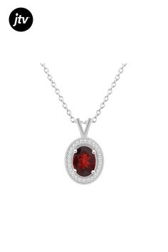 8x6mm oval garnet 1/8 ctw diamond rhodium over sterling silver halo pendant with 18" cable chain. Measures approximately 0.70" L x 0.41" W. Lobster clasp. Classic Oval Link Gemstone Jewelry, Classic Oval Cabochon Jewelry With Diamond Accents, Classic Jewelry With Diamond Accents And Oval Cabochon, Classic Oval Jewelry With Gemstone Accents, Oval Diamond Jewelry With Polished Finish, Formal Oval Necklace With Accent Stones, Oval Necklace With Accent Stones In Fine Jewelry Style, Oval Fine Jewelry Necklace With Accent Stones, Oval Necklace With Accent Stones