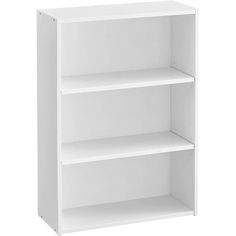 a white bookcase with three shelves on each side and one shelf below the other