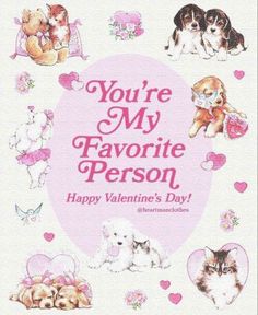 valentine's day card with dogs and puppies in the center, surrounded by hearts