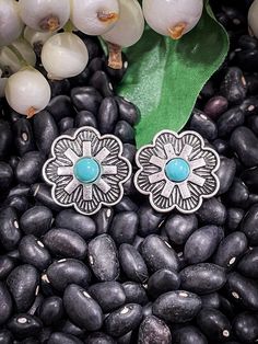 Turquoise Stone Stud Flower Earrings *Burnished Silver Color *Lead & Nickel Free Bohemian Concho Earrings As Gift, Artisan Concho Earrings As Gift, Traditional Concho Earrings For Gift, Elegant Concho Earrings For Gift, Traditional Concho Earrings As Gift, Adjustable Rustic Metal Earrings, Rustic Concho Jewelry Gift, Rustic Drop Earrings, Bohemian Adjustable Sterling Silver Flower Earrings