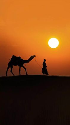 two people walking with a camel in the desert