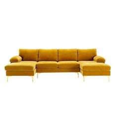 a yellow couch with two ottomans on the bottom and one foot in the middle, against a white background