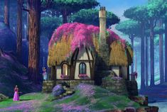 a small house in the middle of a forest with purple flowers growing on it's roof