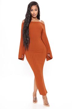 Heather Sweater Midi Dress - Cognac | Fashion Nova, Dresses | Fashion Nova Midi Dress Off Shoulder, Heather Sweater, Magenta Sweater, Sweater Midi Dress, Dresses Fashion Nova, Dress Off Shoulder, Stretch Back, Soft Dress, Sweater Dress Midi