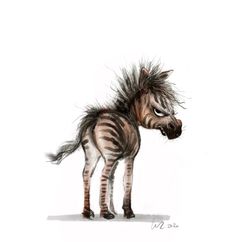 a drawing of a zebra with long hair on it's head and tail, standing in front of a white background