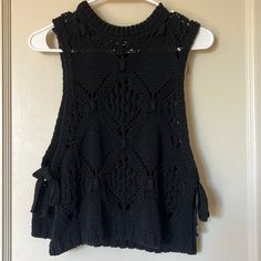 Beautiful Zara Knit/Crotchet Top. The Sides Are Completely Open With Thick Ties That You Can Untie/Adjust As You Wish. Worn Only Once - Brand New Condition. Crochet Knit Top For Layering, Black Casual Open Knit Top, Casual Black Open Knit Top, Casual Knit Sweater With Crochet Lace, Casual Crochet Lace Knit Sweater, Casual Crochet Lace Top For Winter, Casual Winter Crochet Lace Top, Black Chunky Knit Top For Layering, Black Crochet Cotton Top