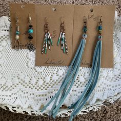 3 Pairs Of Handmade Earrings Color: Turquoise Western Style, Beaded And Fringe Features Mixed Metals, Vtg Glass Beads, Real Suede Fringe. I Make These For A Local Antique Store And Decided To Branch Out And Try To Sell Them Online. Any Questions Please Feel Free To Ask! Handmade Western Earrings, Vintage Blue Earrings For Festival, Vintage Turquoise Beaded Drop Earrings, Vintage Turquoise Earrings With Dangling Beads, Handmade Vintage Turquoise Beaded Earrings, Handmade Blue Costume Jewelry Earrings, Vintage Blue Beaded Drop Earrings, Vintage Blue Dangle Beaded Earrings, Hispanic Jewelry