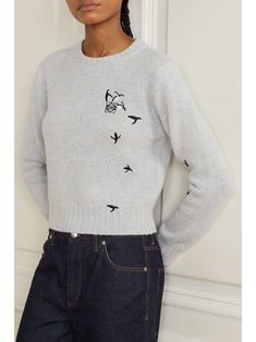 LOEWE + Suna Fujita embroidered wool sweater Embroidered Wool Sweater For Winter, Embroidered Wool Sweater For Fall, Spring Embroidered Wool Sweater, Spring Wool Sweater With Embroidery, Spring Wool Embroidered Sweater, Embroidered Wool, Icy Blue, Cute Spring, Cute Penguins