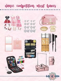 the contents of a travel bag are arranged on a pink background with text that reads, dance companion must haves