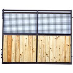 a wooden fence with metal bars on the top and bottom panels, against a white background