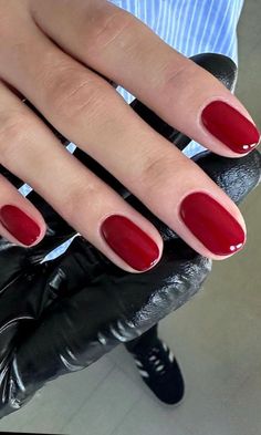 Deep Red Holiday Nails, Discreet Nails, Red Nails On Pale Skin, Old Money Red Nails, Deep Red Nails Short, Squoval Red Nails, Red Squoval Nails, Muted Red Nails, Christmas Nail Colours