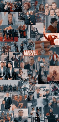 collage of many different photos with the words marvel on them in red and black