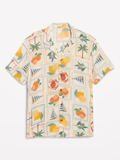 notched lapel short sleeves patch chest pocket full-button front vented sides relaxed fit hits below waist model is approx.  6'1" and wears size mmachine wash according to the care instruction label Unisex Summer Shirt, Nature Pattern Shirt, Men’s Summer Wear, 70s Shirts Men, Mens Tropical Vacation Outfits, Short Sleeve Shirt Men Outfit, Museum Fits, Surfer Outfit, 70s Beach