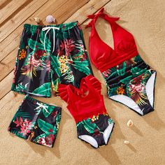 Introducing Our Floral Drawstring Swim Trunks & Halter Top Swimsuit: Perfect for Summer Get ready for some fun in the sun with our Floral Drawstring Swim Trunks & Halter Top Swimsuit! Whether you're planning a tropical vacation or a day at the beach, this stylish swimwear set is the perfect choice for the whole family. Product Details: Material: Polyester Product Introduction: The perfect family outfit for a tropical holiday - Tropical Paradise Swimsuit. Fabric Composition: Dad/Boy: 90% polyester + 10% spandex Mom/Girl: Lower Body: 90% polyester + 10% spandex Upper Body: 80% nylon + 20% spandex Lining: 90% polyester + 10% spandex Care Instruction: Machine wash in cold water, do not dry clean or bleach, low-temperature ironing recommended. Key Features: Adjustable drawstring swim trunks for Red Stretch Beachwear Sets, Red Stretch Sets For The Beach, Red Stretch Beach Sets, Playful Red Summer Sets, Playful Swimwear Set For Summer, Red Tropical Printed Swimwear, Red Swimwear For Beach Party Vacation, Playful Summer Swimming Sets, Fun Summer Beach Sets