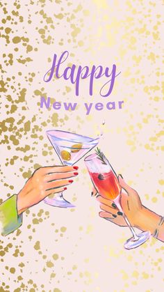 two people toasting with drinks in front of a happy new year card