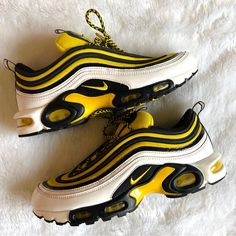 Nike Air Max Plus 97 Frequency Pack Black Yellow And White Nike Sneakers, In Overall Good Gently Used Condition. No Major Damage On Any Of The Shoe, Just Some Minor Stains And Scuffs. Overall 7/10 Condition. Still Super Clean! Size 10 In Mens. No Box Unfortunately. Going Anywhere From 150-300. My Price Is Firm!! Yellow Lace-up Sneakers With Air Cushioning, Yellow Sneakers With Air Cushioning For Jogging, Sporty Yellow Running Shoes With Air Max Cushioning, Yellow Air Cushioned Sneakers For Jogging, Yellow Low-top Custom Sneakers With Air Cushioning, Yellow Custom Sneakers With Air Max Cushioning For Streetwear, Yellow Custom Sneakers With Air Max Cushioning, Yellow Custom Low-top Sneakers With Air Max Cushioning, Yellow Custom Sneakers With Air Cushioning