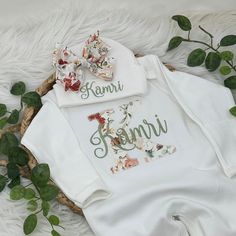 "Personalized Gown Hat Set / Personalized Baby Shower Gift / Baby Coming Home Outfit / Hospital Newborn Photos Prop  This Personalized baby outfit set will make a wonderful, personalized baby gift for the proud parents. The outfit is the perfect coming home outfit for the new bundle of joy and will be a cherished family keepsake. The sets can be customized to include a gown, footie, bodysuit, beanie hat with bow,  and bib. You can also add a blanket and I will make it match the embroidered set. White Long Sleeve Sets For First Birthday, White Long Sleeve Set For First Birthday, Personalized White Cute Sets, Personalized Fitted White Sets, Personalized Fitted White Set, White Fitted Set As Gift, Baby Girl Clothes Newborn, Coming Home Outfit Baby Girl, Hospital Photos Newborn