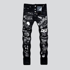 Introducing our Streetwear White Print Black Jeans from the 2023 Autumn Collection - a bold statement for a timeless classic!Why It's Destined to Be Your New FavoriteThese jeans are designed to express your individuality and style. Crafted with modern street style in mind. these black jeans feature a white print and mid-waist silhouette for a look that's both stylish and comfortable.Exquisite Features: Skinny Fit: Cut in a skinny fit. these jeans will hug your curves to create an ultra-flatterin Black Denim Punk Pants, Black Punk Denim Jeans, Black Punk Style Denim Jeans, Black Slim Fit Edgy Bottoms, Edgy Black Slim Fit Bottoms, Edgy Black Slim Fit Jeans, Letter Print Denim Jeans For Fall, Fall Letter Print Denim Jeans, Black Cotton Jeans With Graphic Print