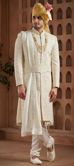 White and Off White color Sherwani in Art Silk fabric with Bugle Beads, Embroidered, Sequence, Thread work White Churidar With Resham Embroidery For Reception, White Kurta With Cutdana For Reception, White Churidar For Reception And Eid, White Churidar For Reception Or Eid, White Churidar For Eid Reception, Semi-stitched Traditional Wear With Intricate Embroidery For Ceremony, White Cutdana Kurta For Reception, White Semi-stitched Churidar For Reception, Semi-stitched Resham Embroidered Traditional Wear For Ceremony