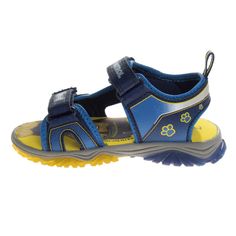 a child's blue and yellow sandal with velcro soles on the side