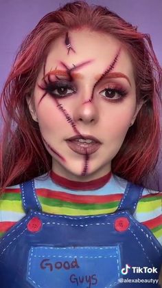 Womens Chucky Makeup, Chunky Halloween Makeup, Women Chucky Makeup, Chucky Inspired Makeup, Chucky Costume Makeup, Halloween Makeup Terror Easy