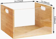 a wooden storage box with measurements for the top and bottom section, showing how much space it has