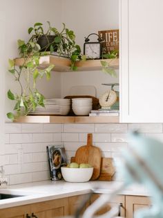 the kitchen is clean and ready for us to use it's shelves are filled with plants