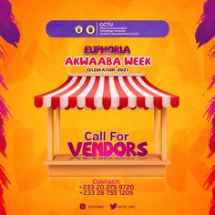 an advertisement for the upcoming event called call for vendors, with a red and white striped awning