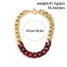 Description:Geometric Chunky Two-tone Cuban Chain Choker NecklaceSpecification:Material: CCB. Aluminum. AcrylicLength: 18.5"Weight: 1.63 oz/pcsColors: gold gray/gold red/gold greenStyle: Hip hopFeatures & Details:This two-tone choker necklace is made of environmental friendly materials. which is solid. durable. lightweight and very comfortable and healthy for daily wear.Geometric choker for women is decorated with unique design and superb craftsmanship to create special piece that can satisfy an Trendy Red Metal Necklaces, Trendy Red Metal Necklace, Trendy Red Adjustable Chain Necklace, Red Adjustable Chain Necklace For Party, Red Chunky Chain Jewelry As Gift, Trendy Red Jewelry With Chain, Gift Red Chain Necklace With Gold Chain, Red Gold Chain Necklace For Gifting, Gift Red Gold Chain Necklace