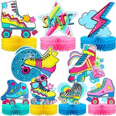 colorful roller skates and shoes with the word skate on them