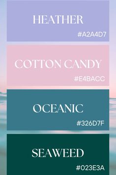 four different colors with the words cotton candy and seaweed